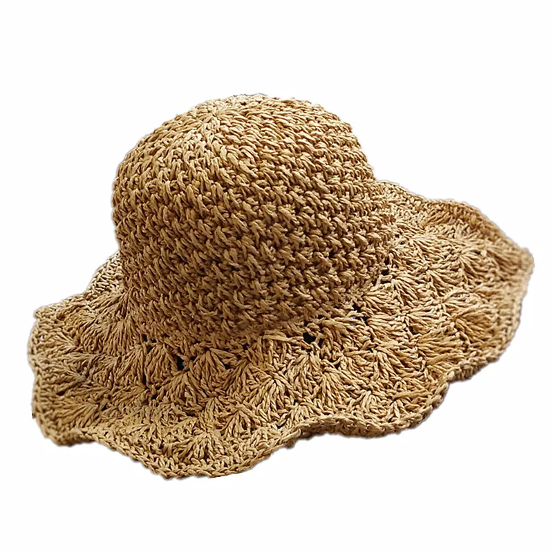BomHCS летние кепки для девочек женские ручной работы соломенная шляпа вязаная крючком широкие полые складываемые солнечные шляпы пляж 17F-315MZ25 - Цвет: khaki