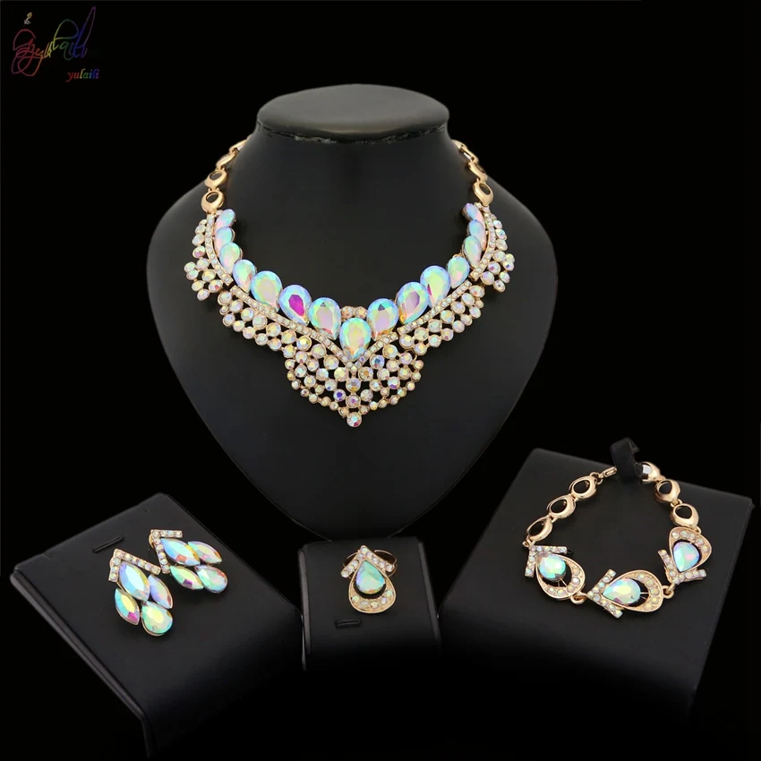 

YULAILI Delicate Shining AB Crystal Jewelry Sets for Women Wedding Dress 4-pc Bridal Party Jewellery Accessories