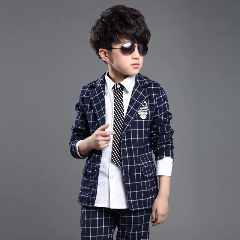 

Children's Clothes 2018 Korean Boys'Spring and Autumn Suit Set Children's Chequered Small Suit Flower Two Sets