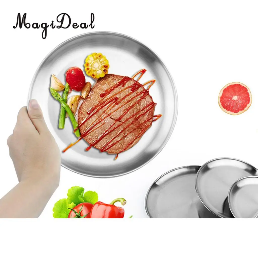 Stainless Steel Round Plate Dish Camping Picnic Food Salad Container Home Kitchenware Outdoors