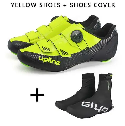 Обувь для шоссейного велоспорта SPD KEO, Ультралегкая обувь для гонок, шоссейного велосипеда, мужские и женские профессиональные велосипедные кроссовки, дышащие,, upline - Цвет: yellowand shoescover