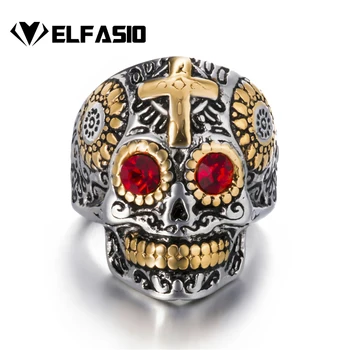 

Elfasio Mens Stainless Steel Ring Red/Blue/Green Eye Skull Silver Gold Biker Fashion Jewelry
