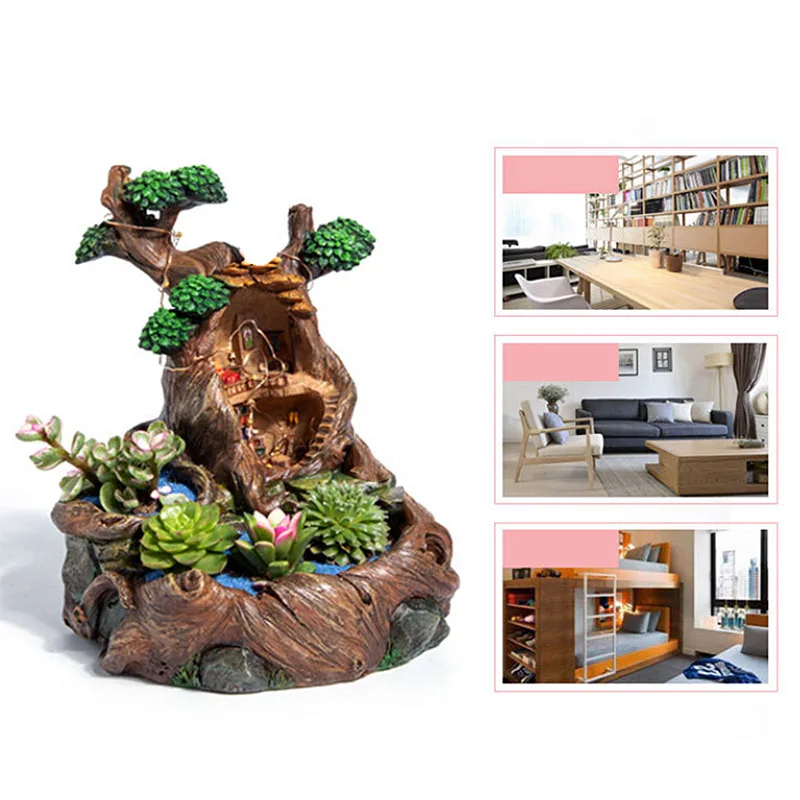 

Resin Succulents Plants Small Bonsai Pot Vase Micro Landscape Flower Pot Garden Decoration with LED String