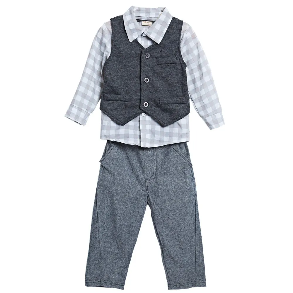 

Hot Sale 2016 Brand New Fashion 3pcs British Style Gentleman Turn Collar Long Sleeve Baby Boys Suits Shirts Waistcoat Pants