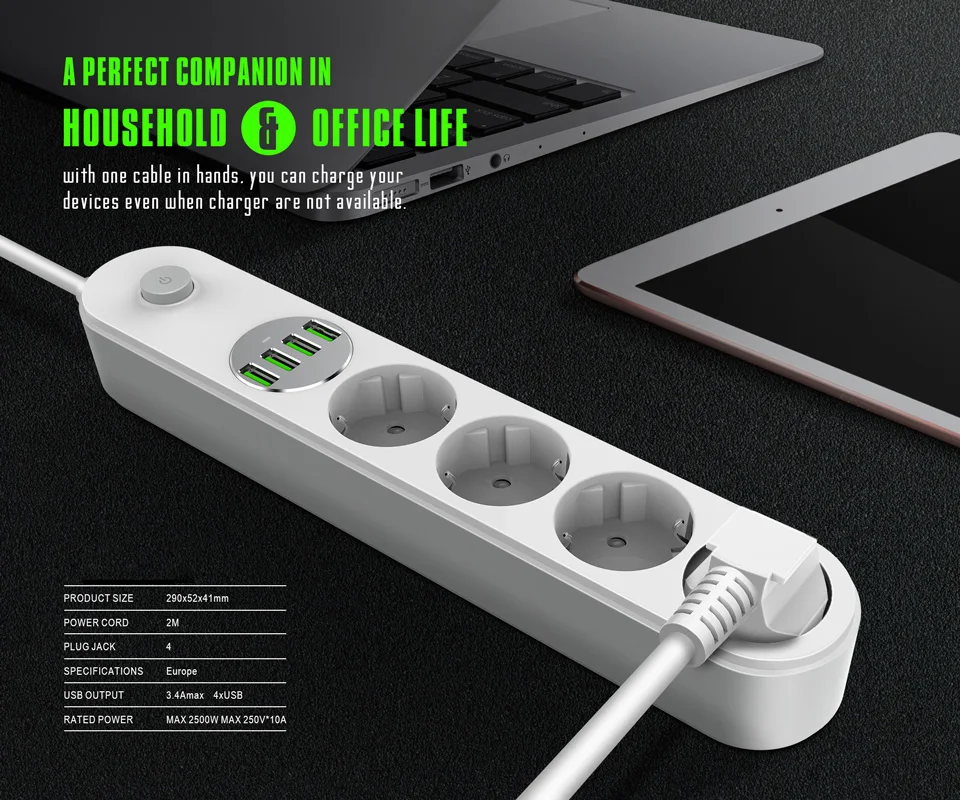 Штепсельная usb-лента с разъемом 3.4A для быстрой зарядки через USB, мульти русский Электрический провод-удлинитель для умного дома и офиса