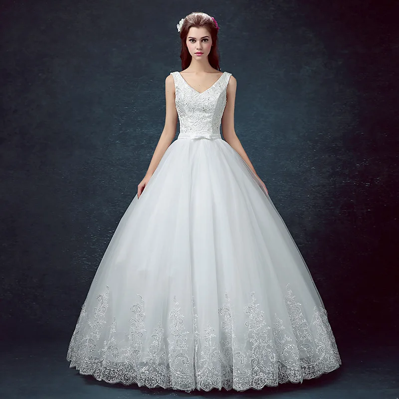 DM0416 # V-neck невесты свадебное платье полимерная Мозаика Белый бальное платье на шнуровке дешевые оптовая продажа 2019 новый органза с вышивкой