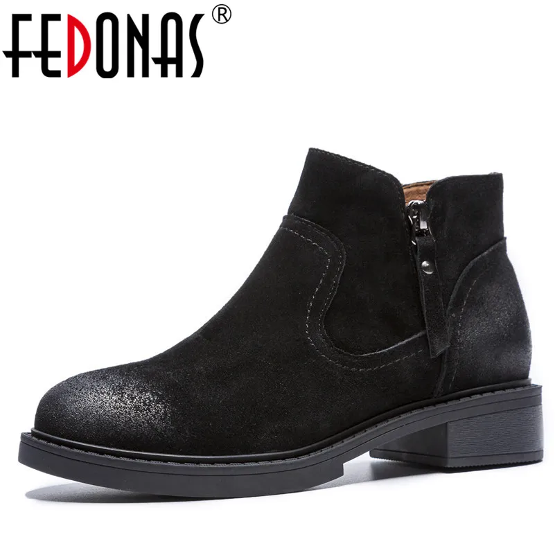

FEDONAS Fashion Women Basic Ankle Boots Genuine Leather Autumn Winter Warm Motorcycle Boots Vintage Zipper Martin Shoes Woman