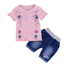 Хлопковые детские комплекты для маленьких девочек Однотонная футболка с цветочным принтом джинсовые шорты с буквенным принтом летние комплекты для девочек из 2 предметов комплекты для маленьких девочек