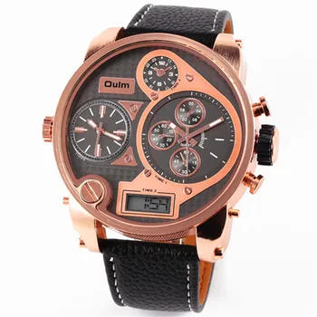 

Fashion Designer Brand OULM Mens Leather Multiple Time Zone Analog Digital Casual Watches Large Dial Montre Homme Grosse Marque