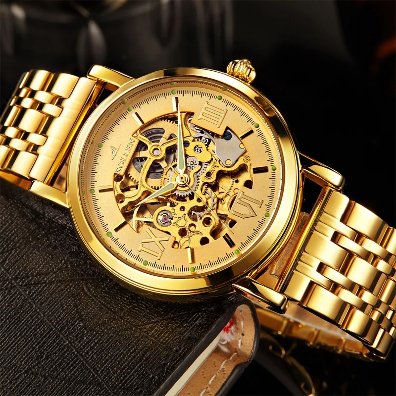 

Relogio Masculino SOLLEN automatic mechanical watch male clock double-sided hollow waterproof steel men wristwatches