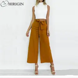 HIRIGIN Для женщин Оранжевый широкую ногу шифоновые брюки Высокая Талия галстук талии брюки палаццо ПР брюки длинные брюки