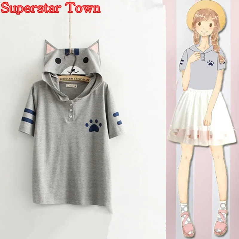 

Summer Style Women Tops Anime Kawaii Cat Shirt Neko Atsume School Clothes Kawaii Mori Girl Tee Roupas Superstar Town