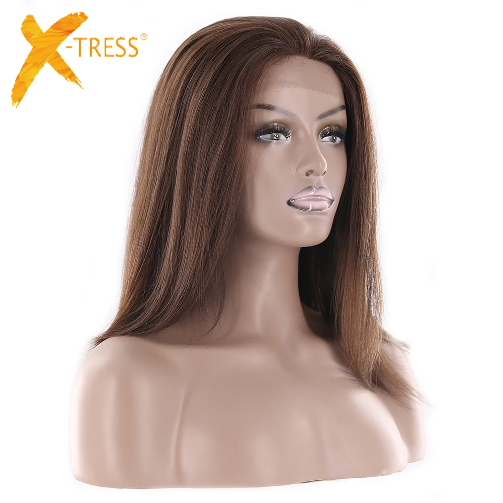 Ombre Black Brown Lace Front Wigs With Baby Hair Long Soft Straight Free Part Synthetic Hair Wigs For Women X-TRESS Lace Wig