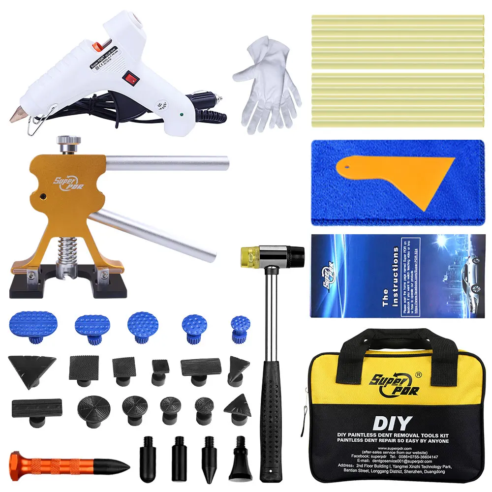 

Super PDR Tools Kit For Car Dent Puller Suctions Cups Best PDR Paintless Dent Removal Tools Hot Glue Gun Glue Tabs Hand Tool Set