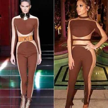 Высокое качество, сексуальный коричневый хаки пэчворк, шик, пэчворк, длинный рукав, вдохновляющий боди, Кардашьян, женские комбинезоны