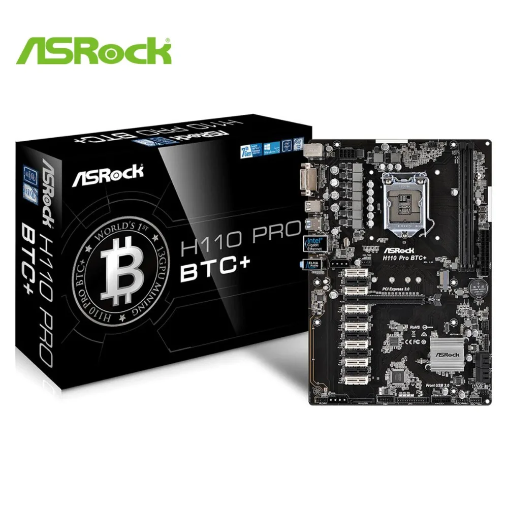 Материнская плата ASRock H110 PRO BTC + 1151 2400 МГц 4 SATA3 видеовыход 1 м. 2 DVI поддерживает 13