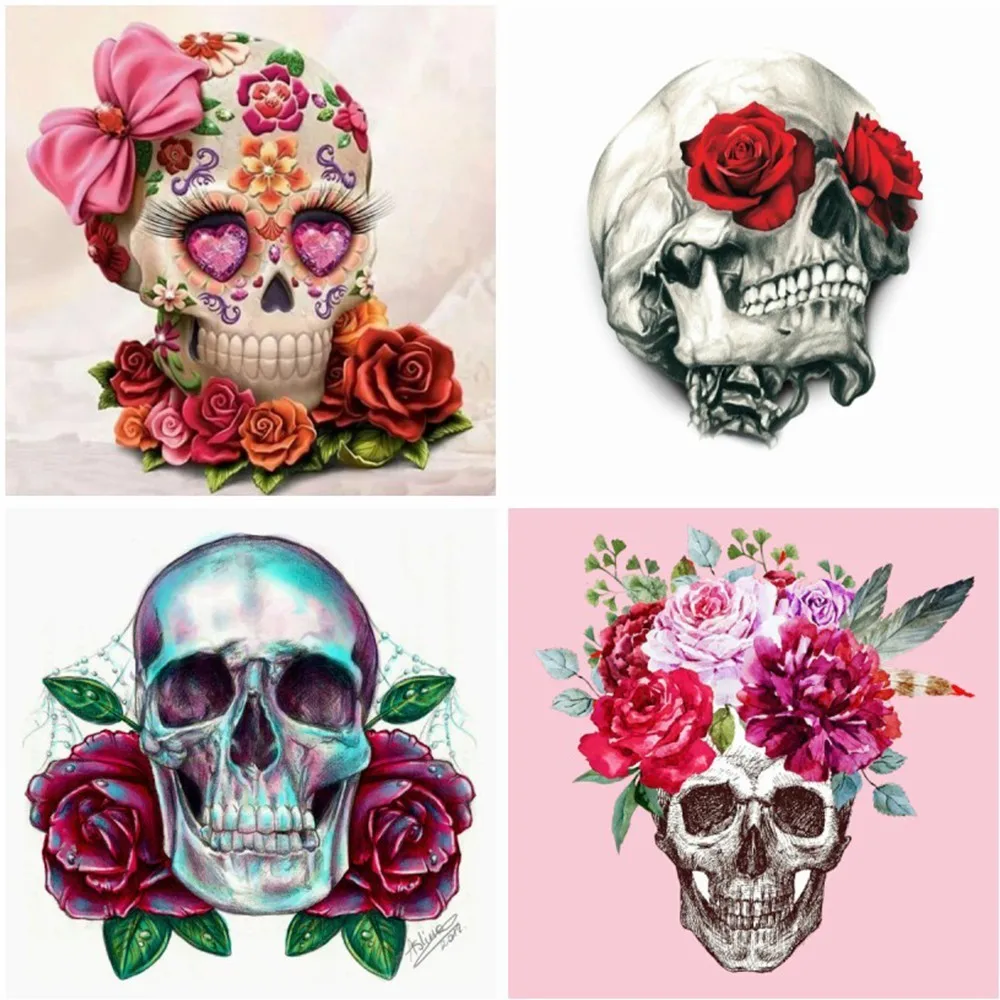 

HUACAN Full Round Diamond Painting Flower Skull Picture Of Rhinestones Diamond Enbroidery Mosaic Handicraft Arts Crafts