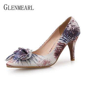 

Women Pumps High Heels Wedding Shoes Slip On Butterfly-knot Shoes Female Thin Heel Pointed Toe Ladies Shoe Embroidered cloth DE