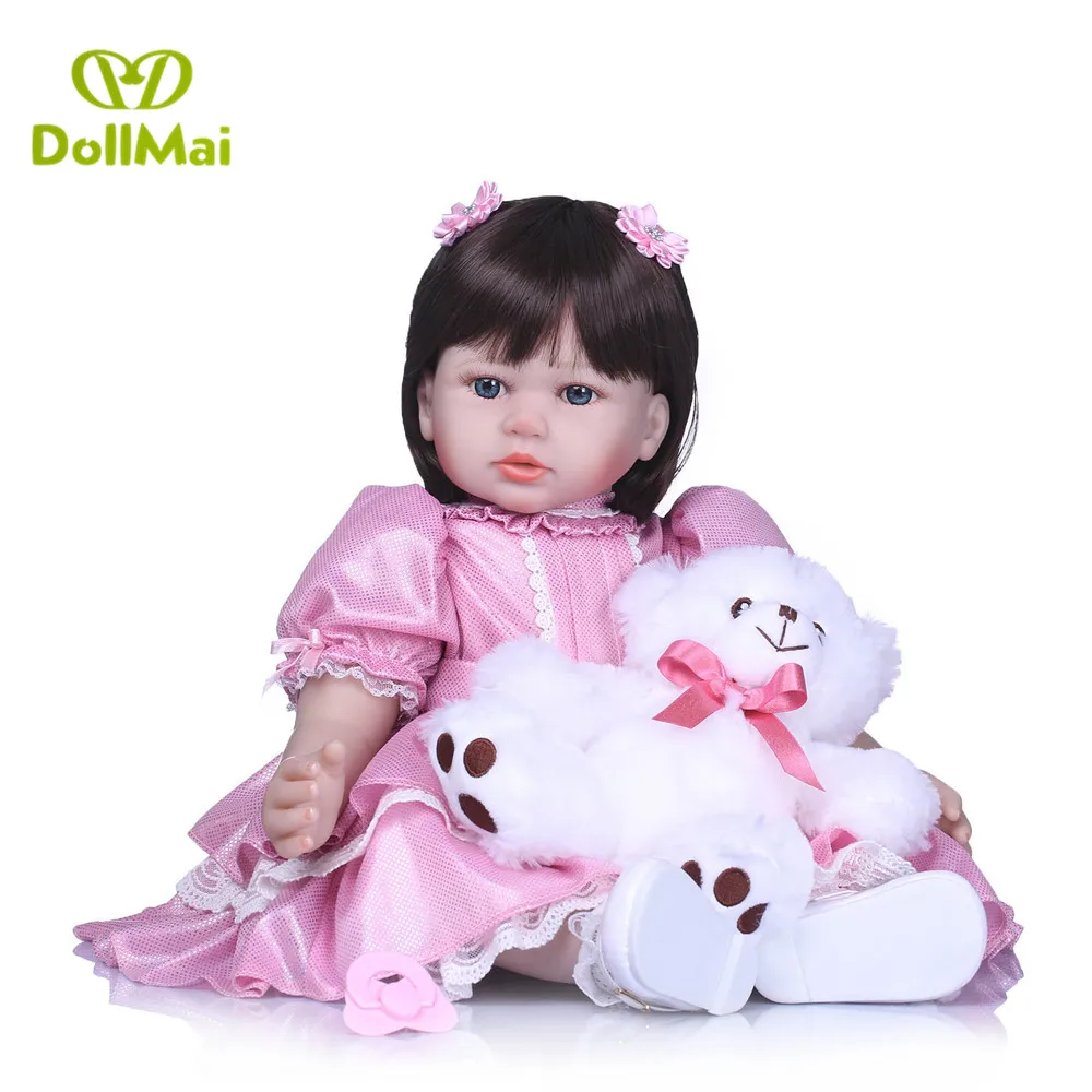 

Reborn real baby dolls 58cm silicone reborn baby dolls pink dress newborn girl toddler princess doll with bear plush bebe boneca