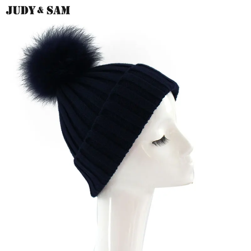 Luxury Women Beanie Hat Wool Knitted Cap With Fox Fur Pompom Fashion