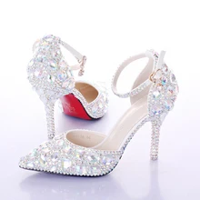 2016 Summer High Heels Women Wedding Shoes White Two-Pieces Hollow Diamond Bride Shoes Crystal Wristband Colorful Crystal Shoes