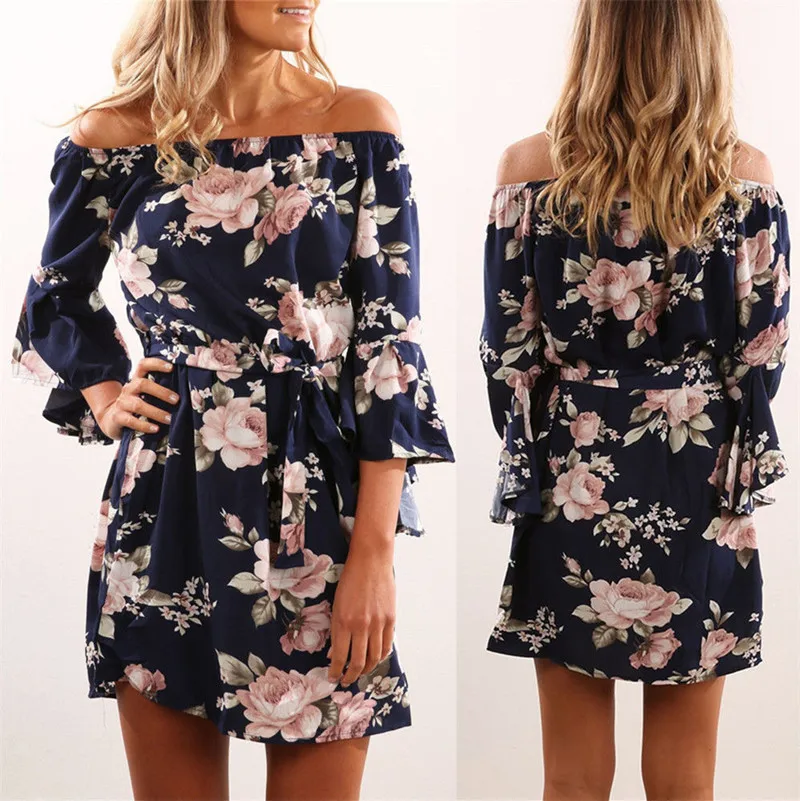 

2019 New Arrivals Sexy Summer Women Dress Off Shoulder Floral Printed Slash Neck Flare Sleeve Mini Dress Sexy Dress