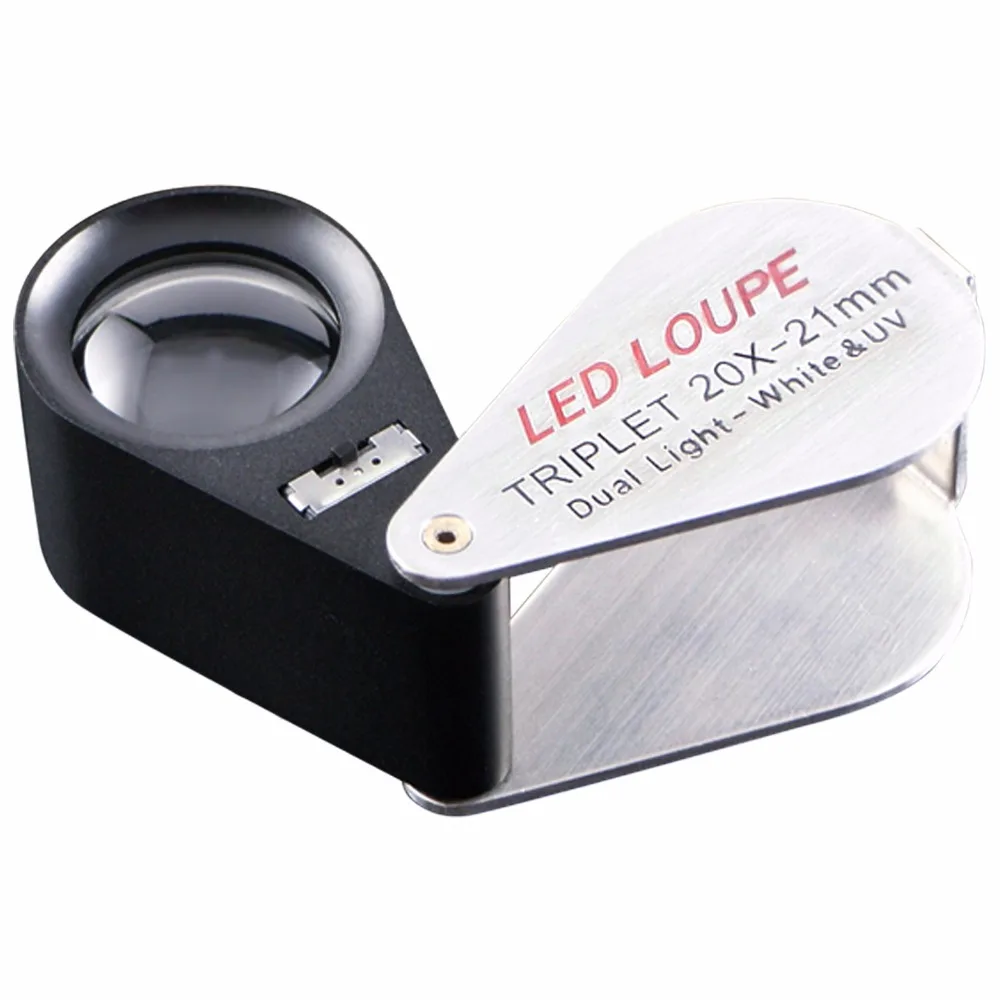 

Mini 20X Magnification Foldable Foldaway Jeweler Loupe Magnifier + 6 LED & 1 UV light + 21mm Triplet Optical Glass Lens