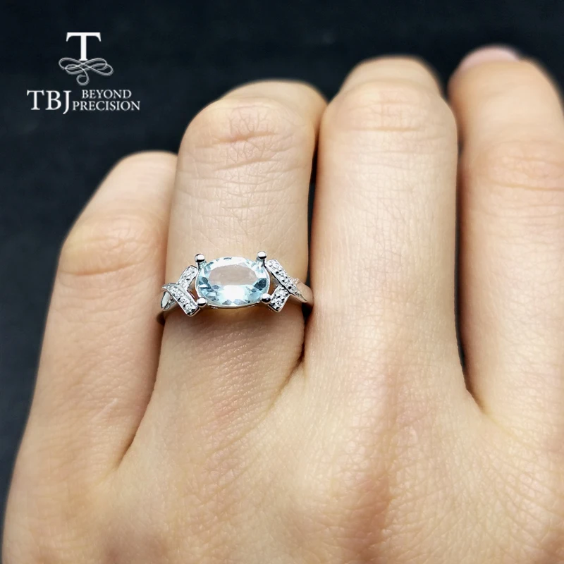 TBJ, натуральный бразильский Аквамарин ov6* 8 1.3ct драгоценный камень кольцо из серебра 925 пробы драгоценный камень ювелирные изделия с подарочной коробкой