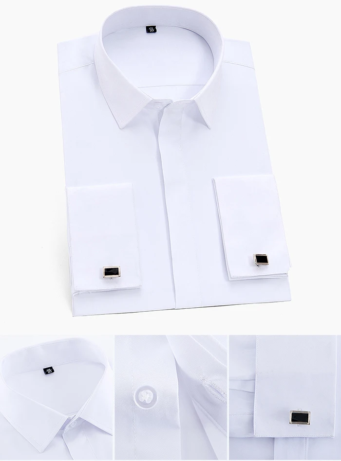 Men's Classic French Cuffs Solid Dress Shirt Covered Placket Formal Business Standard-fit Long Sleeve Office Work White Shirts