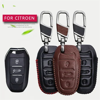

Real Leather Car Styling Smart Key Shell Key Case Cover For Citroen C3 C4 C5 Xsara Picasso C8 c4L Elysee 3 Buttons Key Chain