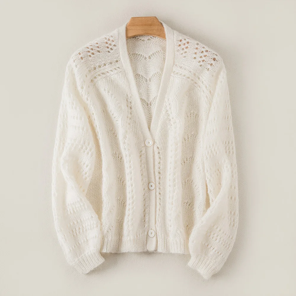 Latest Mohair& Wool Blend Jumper V Neck Hollow Out Button Front Knit Sweater- Female Camel Color Knitting Cardigan Top - Цвет: white as pic