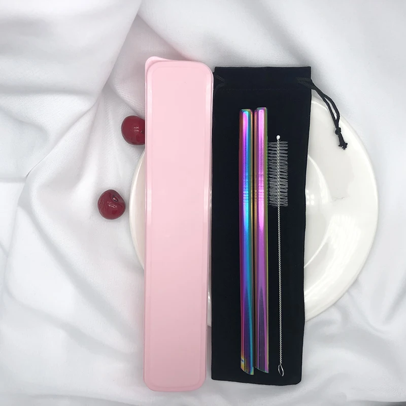 

2Pcs Metal Pointed End Straw + 1Pc Brush Rainbow Drinking Straws Reusable Straws 12mm*215MM With Portable Box Or Bag