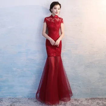 

2019 New Long Chinese Style red lace Self-cultivation Fishtail Cheongsam Dress