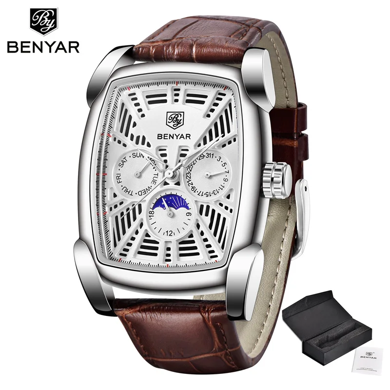 BENYAR мужские часы наручные часы Мужские кварцевые часы лучший бренд класса люкс Moon Phase Мужские часы Военные Наручные часы Relogio Masculino - Цвет: Silver White