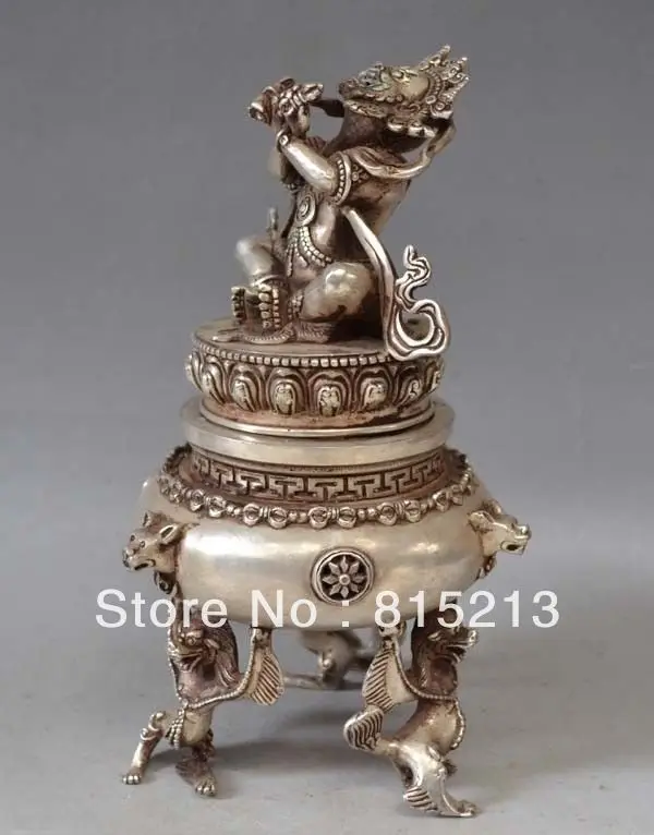 

bi00435 Tibet Tibetan Silver Bronze Mahakala Buddha Incense Burner Censer