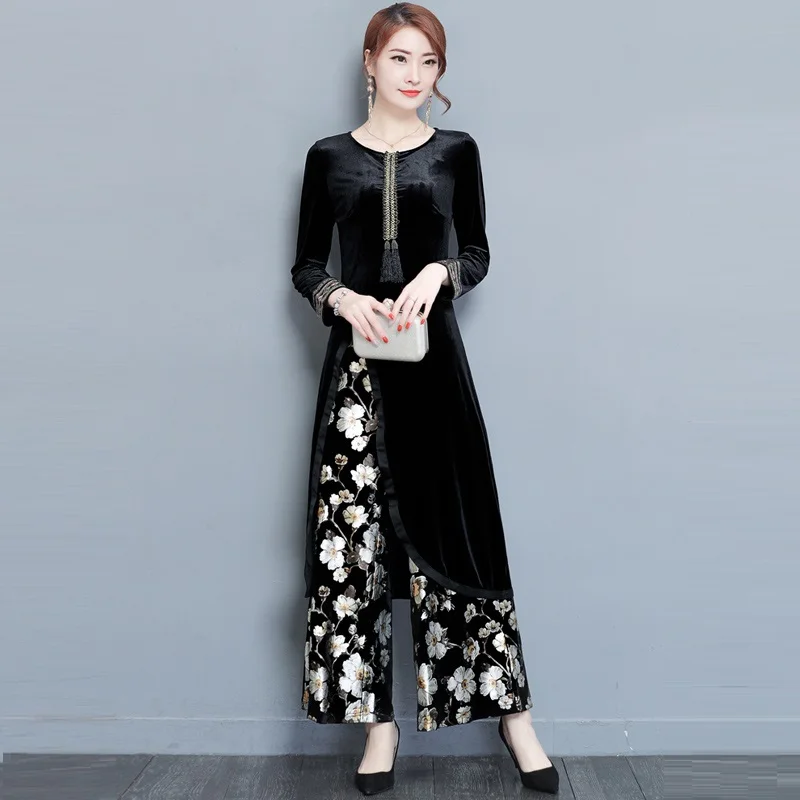 2018 Autumn Winter Elegant Vintage Velvet Pant Suits TWO Piece Set