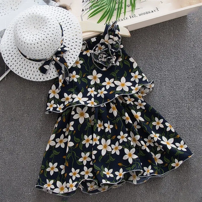 

Newborn Toddler Girls Summer Floral Tutu Dress Vestidos Kids Baby Girl Princess Dresses Sundress Hats 2PCS Clothing Set Sunsuit