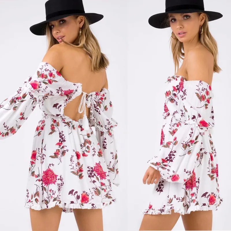 yinlinhe Yellow Off Shoulder Summer Dress Long Sleeve Floral Beach Dress Women Backless Lace Up Elegant Boho Vestidos 2