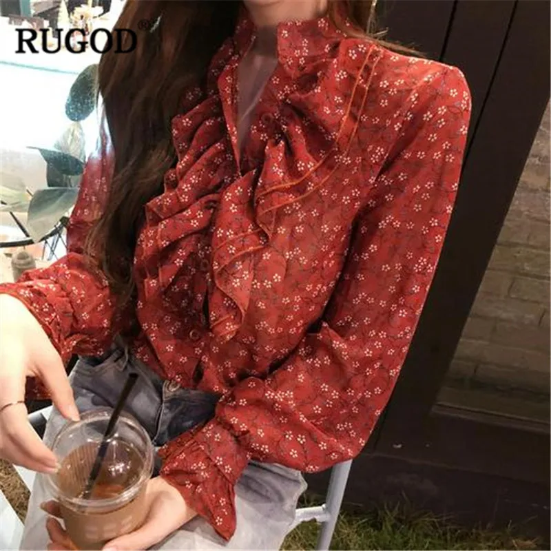 

RUGOD Vintage floral Printed chiffon Shirts Spring 2019 women's clothes Ruffles flare sleeve ladies shirts office wear female