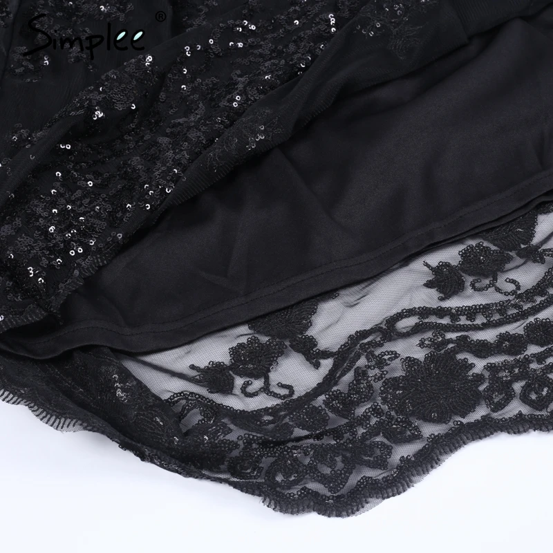 Женское черное платье Simplee с длинным рукавом, привлекательное сетчатое платье с блестками для вечеринок, уличное весеннее платье миди с v-образным вырезом