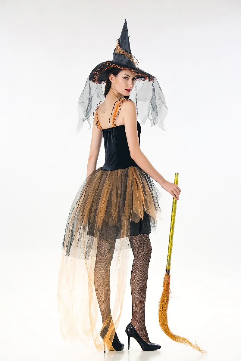 Хорошее качество сексуальная ведьма Хеллоуин костюм цельнокроеное платье с кружевом Золотой юбка и кружева Кепки шляпа Для женщин Косплэй