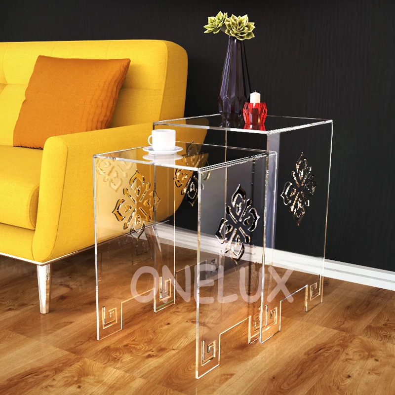  2 Pieces lot Waterfall Engraved Acrylic Nesting Side Table Lucite Occasional Sofa Riser Tables ONE