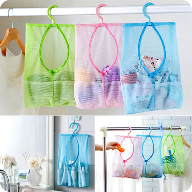 Bathroom Storage Clothespin Mesh Bag Wall Door Hooks Hanging Bag