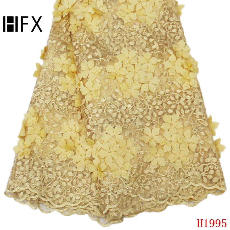

HFX Embroidered Tulle Lace Fabric, Pearls Lace Applique Fabric For Wedding, High Quality African 3D Flower Lace Fabric F1995