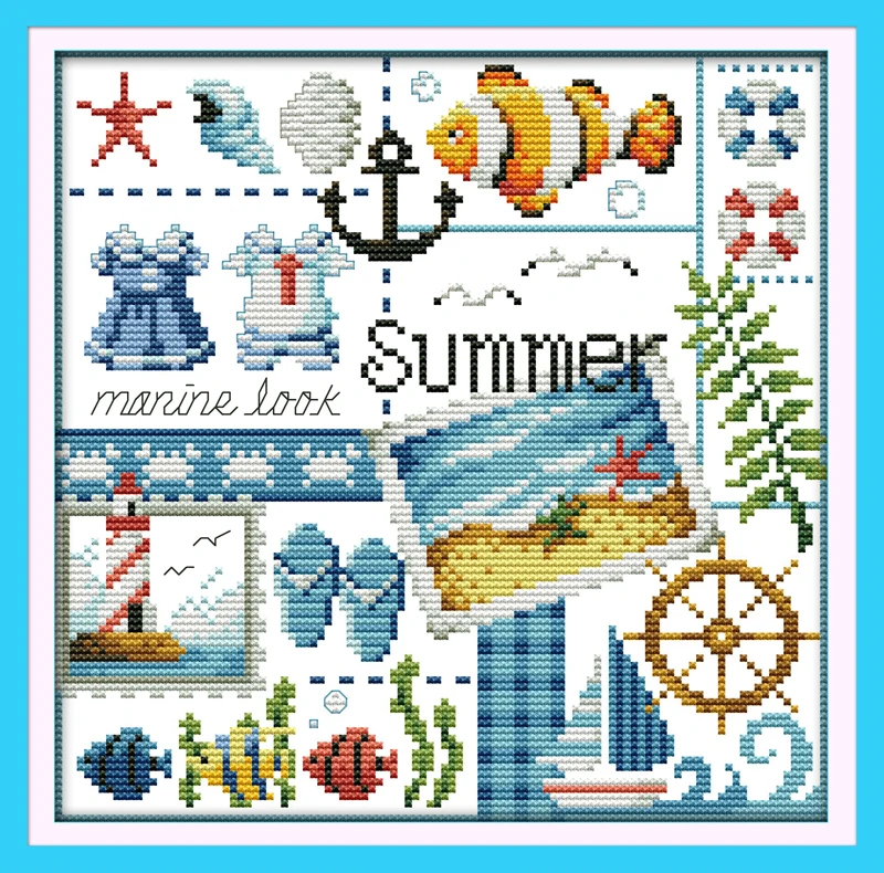 

Joy sunday cartoon style Summer counted cross stitch charts designs embroidery kits for 14ct and 11ct