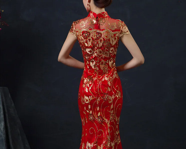 Свадебные вечерние платья Qipao пикантные красные с новогодней елкой, бумажный платье ретро русалки Vestido китайский халат Восточный Qipao