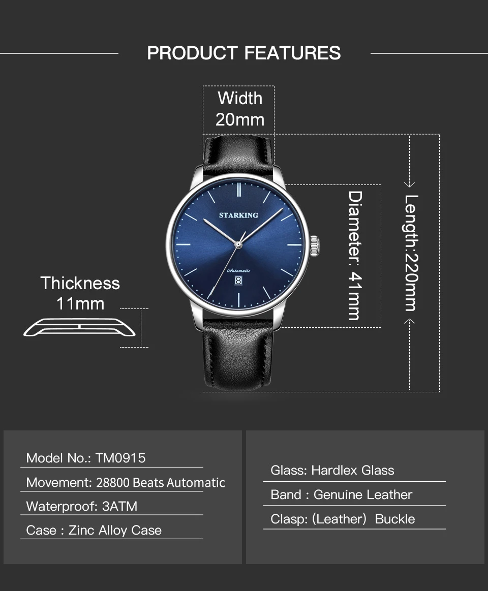 STARKING Роскошные брендовые дешевые механические часы с автоматической датой, самовзводные мужские часы 28800, высокие часы Relogio Sport TM0915