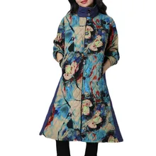 Куртка для женщин; Большие размеры зимнее пальто рукаовов, народный костюм одежда на Хлопчатобумажной Подкладке с принтом Свободная куртка Женская длинная куртка пальто manteau femme hiver A8