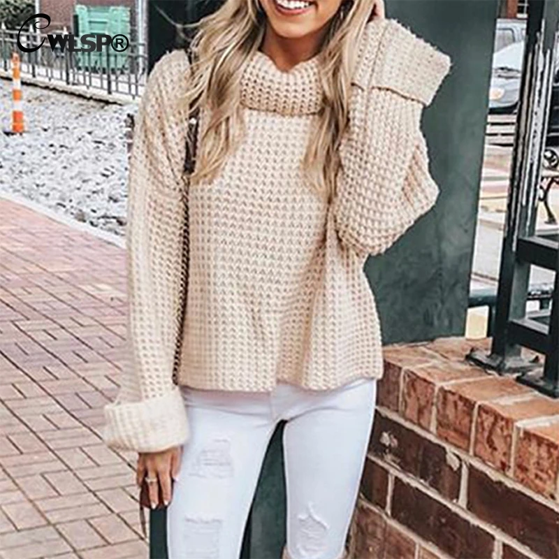 CWLSP 2018 Autumn Winter Turtleneck Loose Sweater For Women Casual Pull Femme Tops Female Clothing Korean Fashion QZ3148