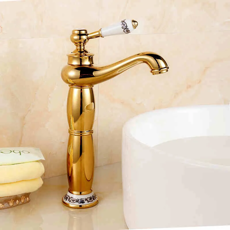 2016 New Deck Mount Single Lever Bathroom Sink Vanity Mixer Faucet Golden Brass Hot Cold Basin Faucet Tap